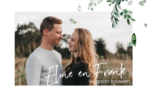 Trendy trouwkaart met eucalyptus en foto