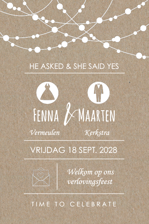 Vintage verlovingskaart met festivallampjes