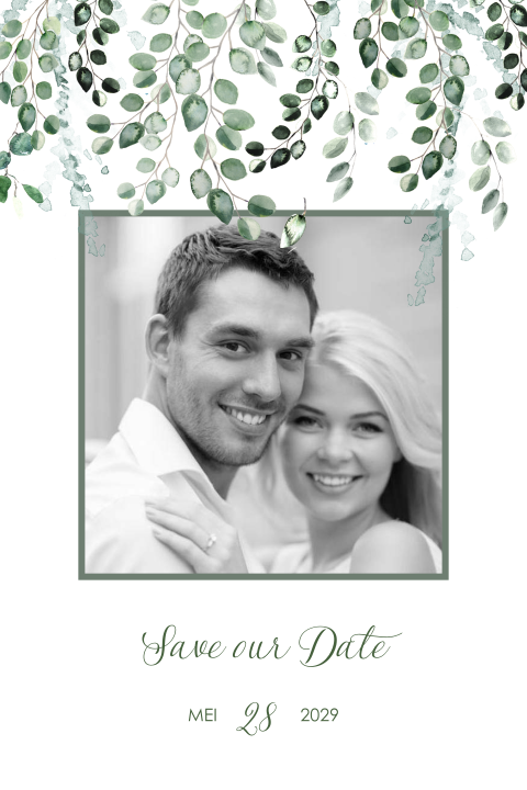 Romantische Save the Date met blaadjes en foto