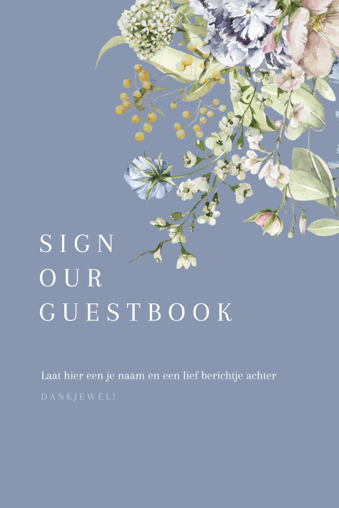 Vintage bordje bij gastenboek met blauwe bloemen
