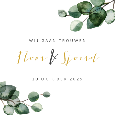 Trouwkaart met eucalyptus blaadjes