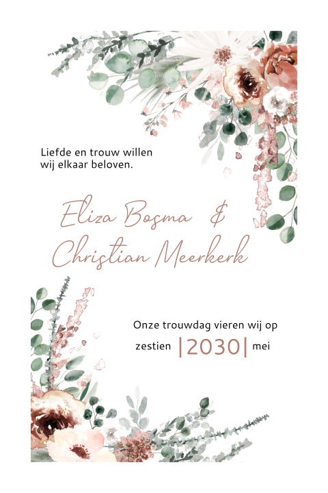 Romantische trouwkaart met bloemen en witte rand