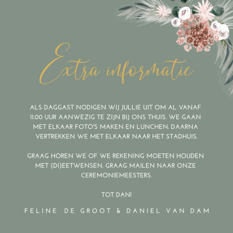 Extra kaartje bij trouwkaart in groen