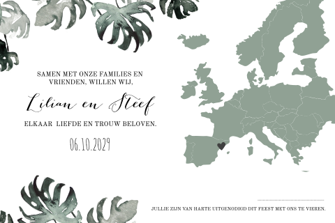 Botanische destination wedding trouwkaart met blaadjes