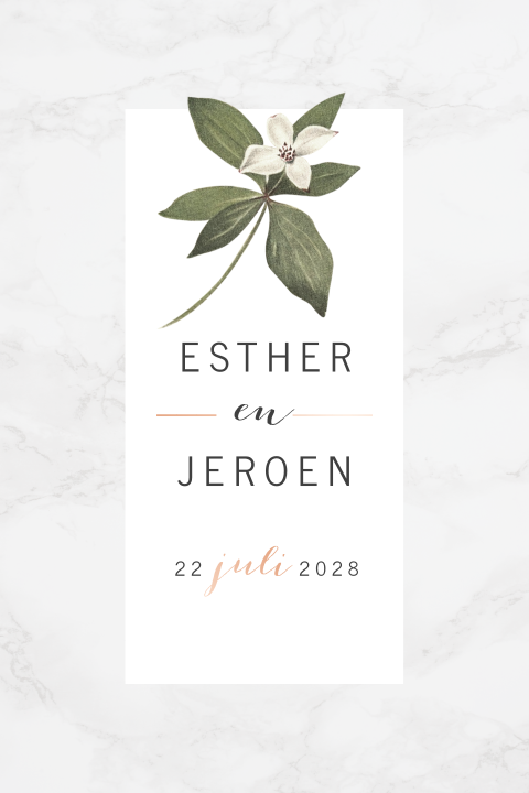 Trouwkaart met bloemetje, marmer en roséfolie