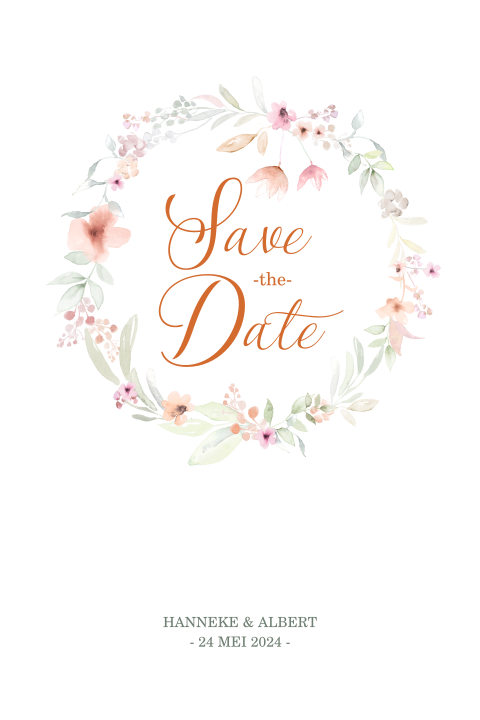 Romantische Save the Date kaart met bloemenkrans