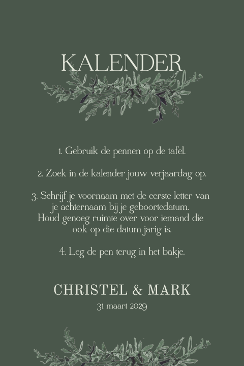 Bordje bij kalender in donkergroen