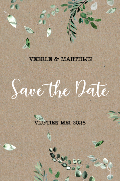 Kraft Save the Date kaart met blaadjes en takjes