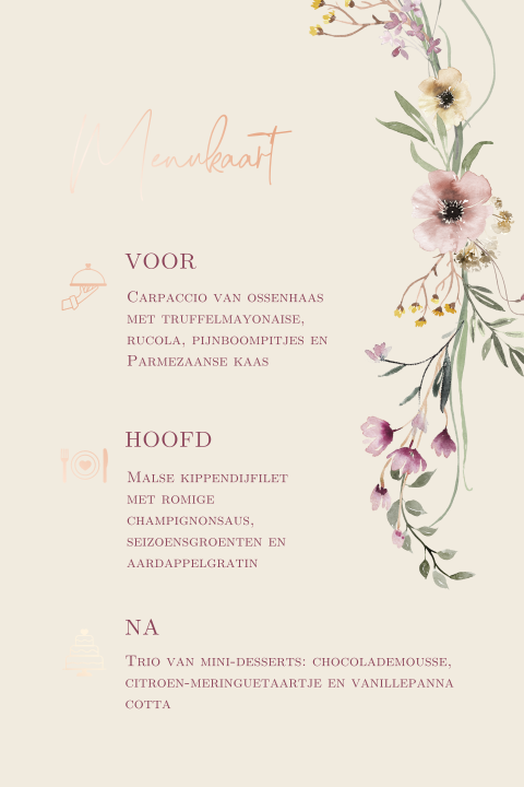 Romantische menukaart met bloemen en roséfolie