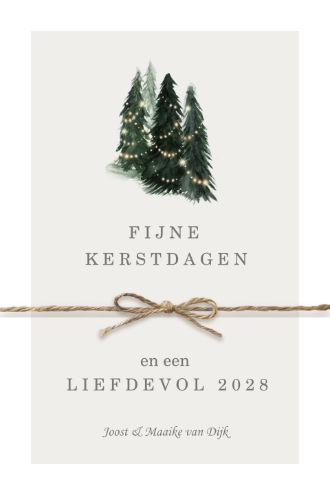 Kerstkaart met witte rand, boompjes en touwtje (optioneel)