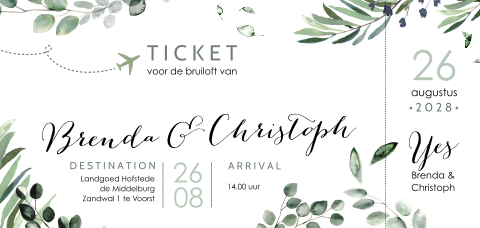 Trouwkaart als ticket met eucalyptus