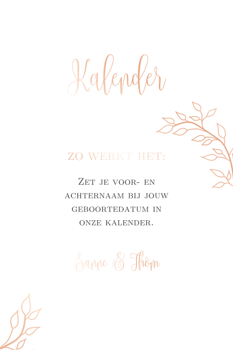 Bordje bij kalender met takjes in roséfolie