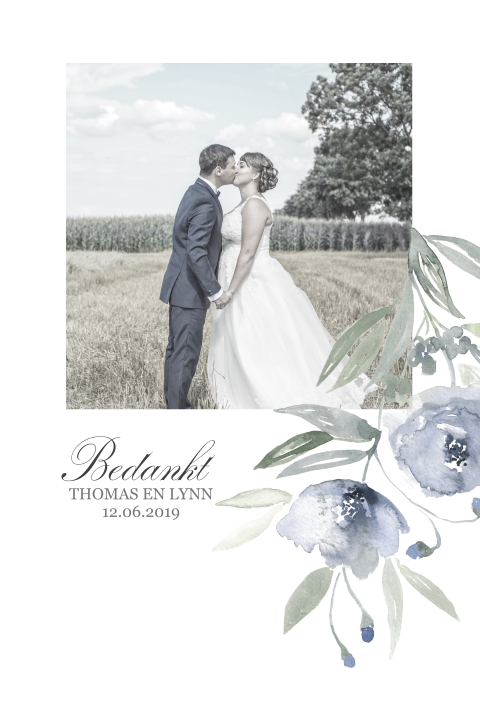 Bedankkaartje met foto en blauwe bloemtakken