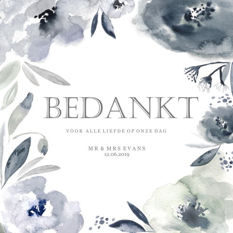 Bijzondere Bedankkaart met Blauwe watercolor bloemen