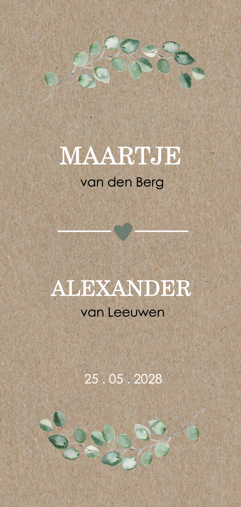 Trouwkaart op kraft met eucalyptus en icoontjes