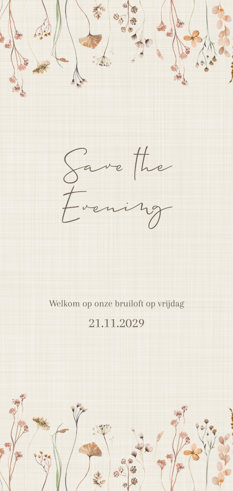 Save the Date met bloemen en linnen look