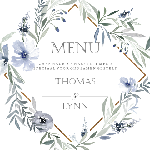 Menukaart met een gouden kader en blauwe bloemen
