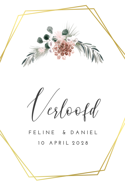 Verlovingskaart met geometrie van goudfolie en eucalyptus