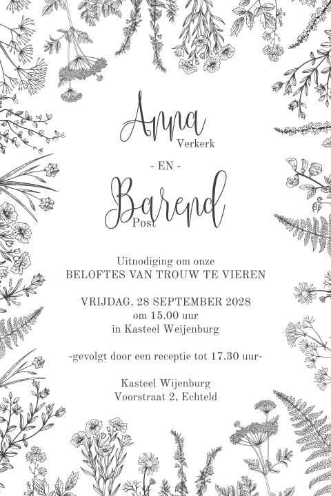Trouwkaart met botanisch thema en leuke letters