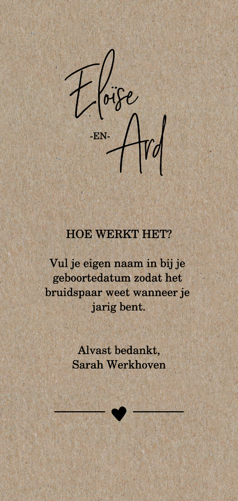 Bordje bij kalender als gastenboek in kraft