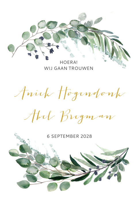 Botanische trouwkaart met eucalyptus blaadjes en gouden letters