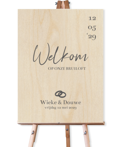 Houten welkomstbord met trouwringen