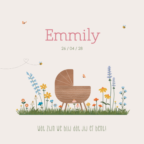 geboortekaartje Emmily met bloemen en babybedje