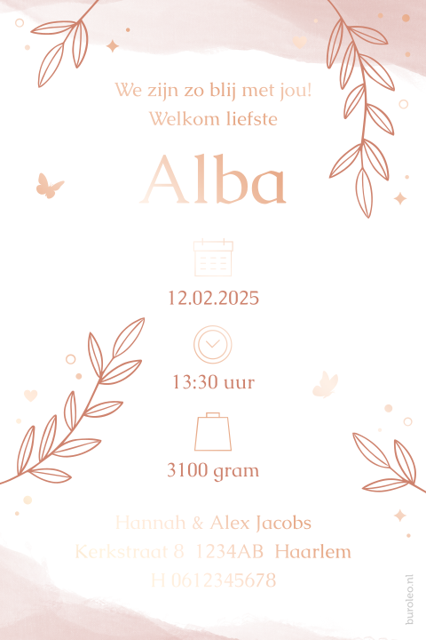 geboortekaartje kalkpapier met takjes en roségoudfolie