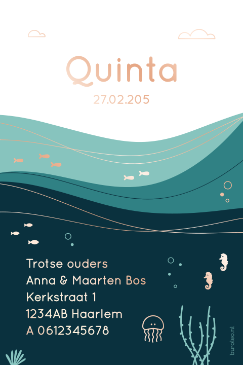 kalkpapier geboortekaartje met oceaan en roségoudfolie