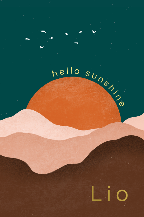 geboortekaartje Lio met landschap, zon en hello sunshine in goudfolie