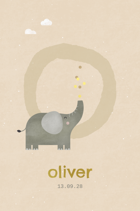 geboortekaartje Oliver met olifant en confetti
