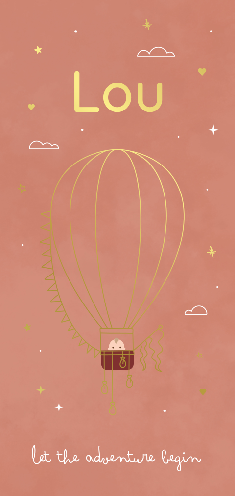 geboortekaartje Lou met luchtballon en kindje met goudfolie