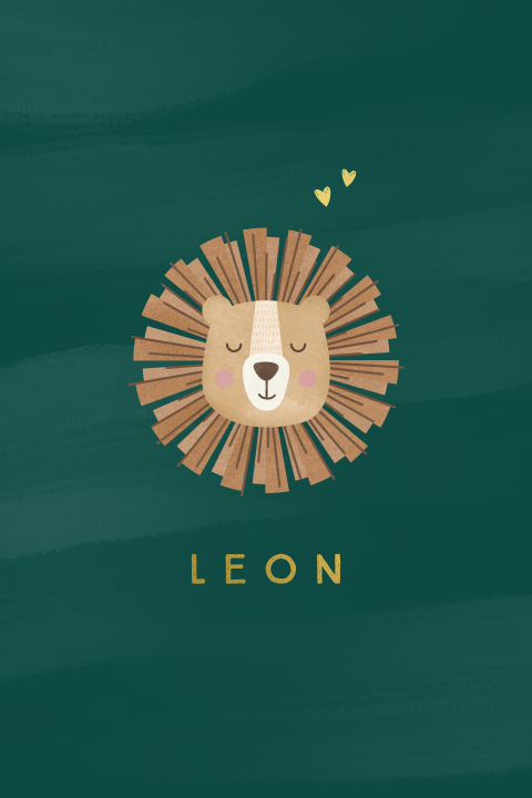 geboortekaartje Leon met geïllustreerde leeuwenkop en goudfolie