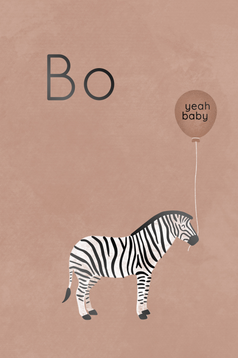 geboortekaartje Bo met zebra en ballon zwart lak folie