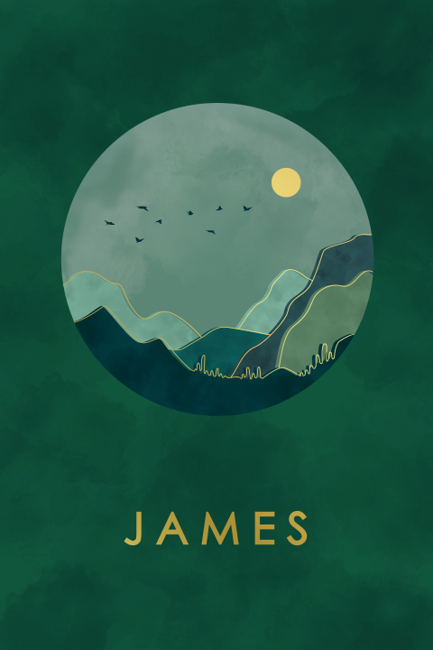 geboortekaartje James met groen landschap en goudfolie