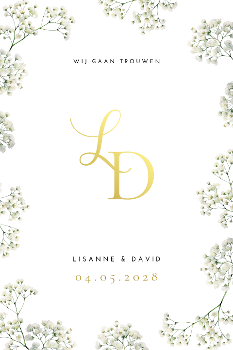 Trouwkaart gipskruid bloemen goudfolie