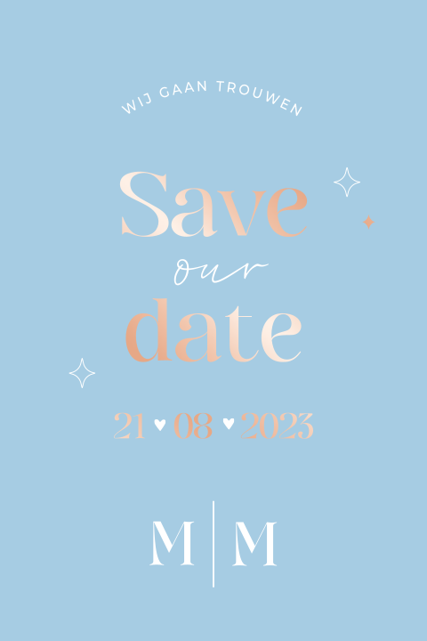 Save the date kaart blauw modern rosefolie
