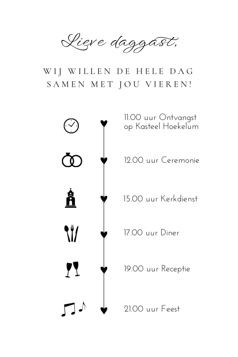 Trouwkaart dagprogramma modern wit tijdlijn