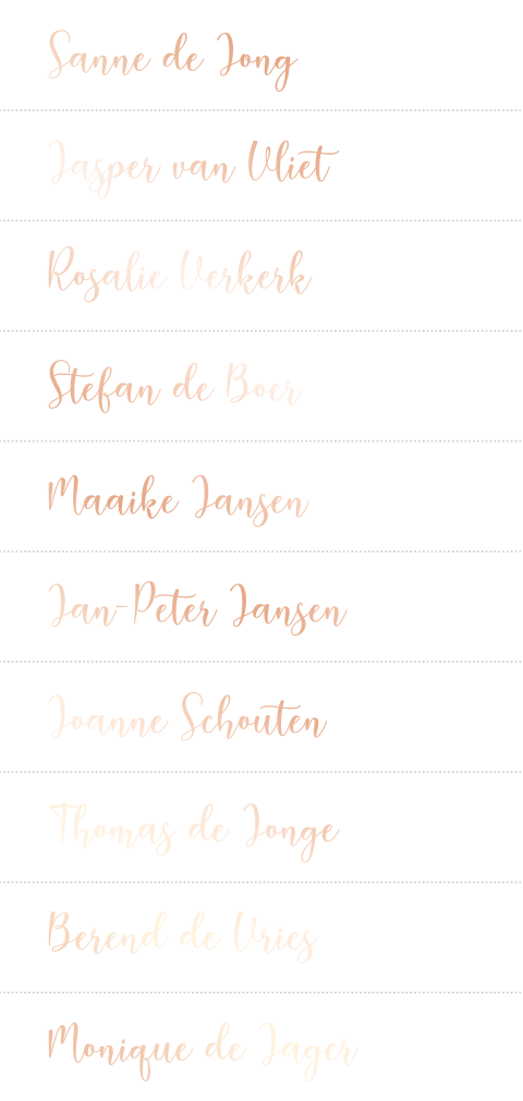 Naamkaartjes rosefolie trouwkaart menu labels namen