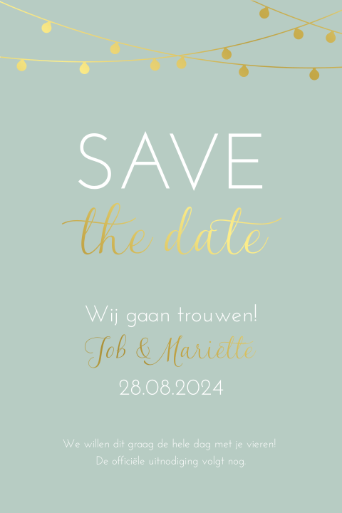 Save the date kaart mintgroen met slinger lampjes en goudfolie