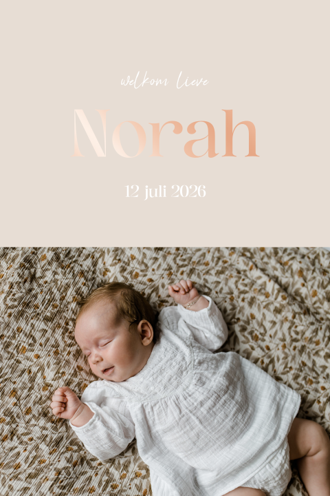 Geboortekaartje modern beige met foto en rosefolie