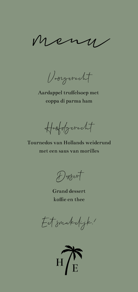 Menukaart bruiloft olijfgroen sierlijk zwart palmboom