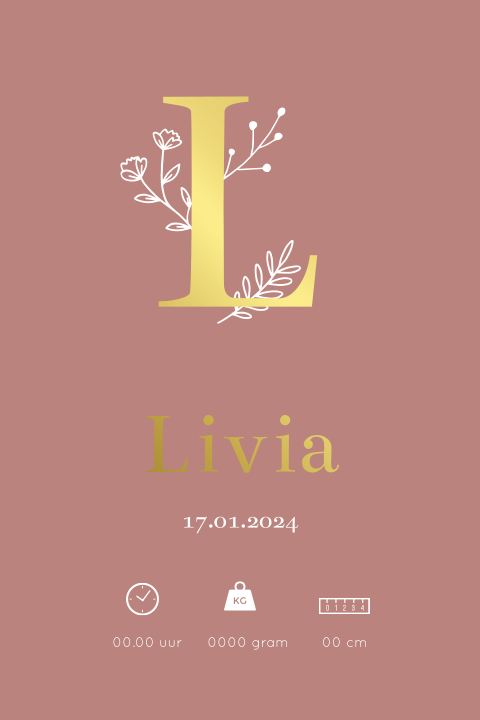 Geboorteposter meisje rood met goudfolie letter - Livia