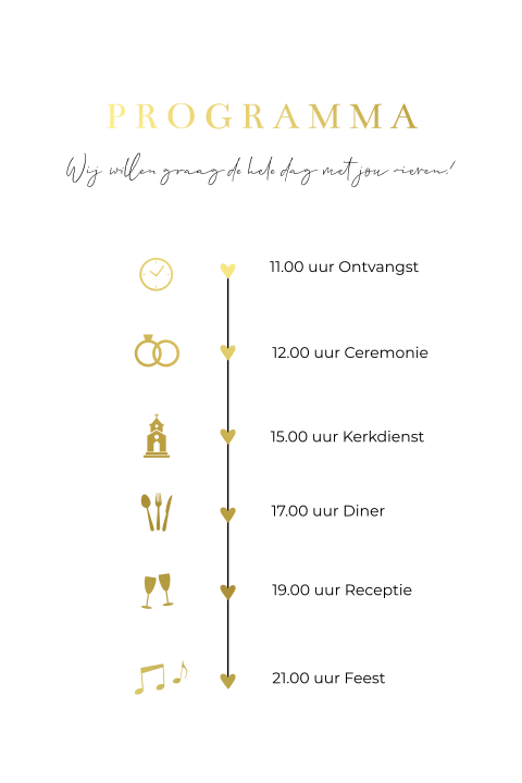 Dagprogramma trouwkaart modern tijdlijn goudfolie