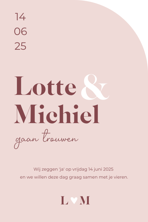 Trouwkaart boog vorm lichtroze modern
