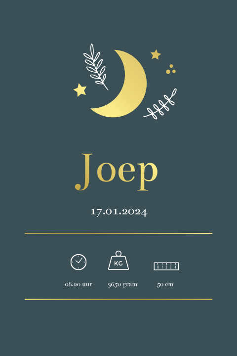 Geboorteposter jongen donkergroen met goudfolie maan - Joep