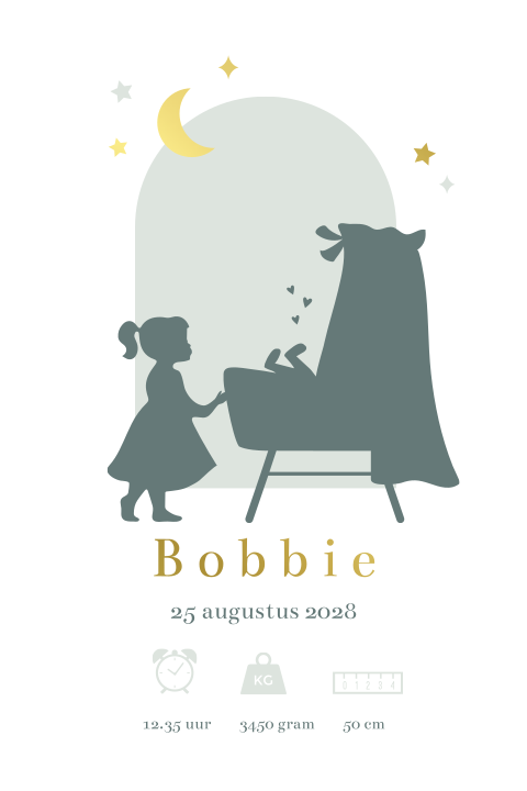 Geboorteposter babykamer met silhouet wieg en goudfolie - Bobbie