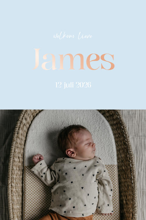 Geboortekaartje jongen modern blauw met foto en rosefolie