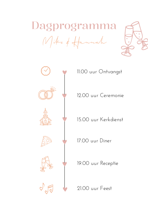 Trouwkaart dagprogramma tijdlijn oranje roze