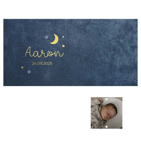Geboortekaartje labelkaart jongen velvet look + fotokaart, sterren & goudfolie